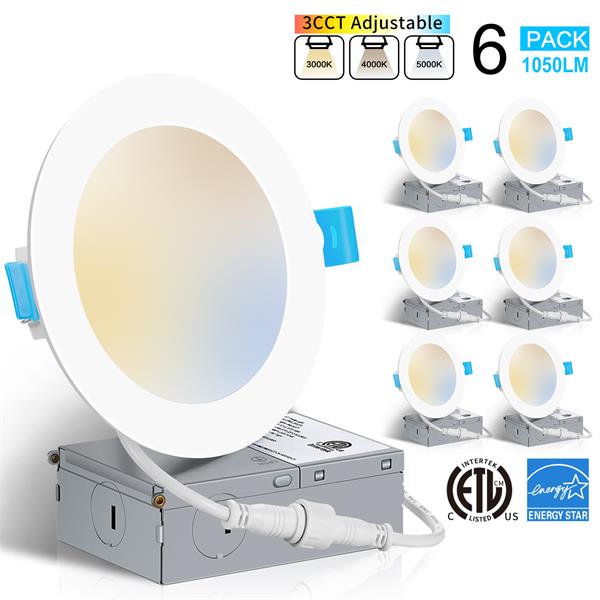 6 Inch 3000K/4000K/5000K Dimmable Ultra-Thin LED Recessed Ceiling Light with Junction Box 6 Pack