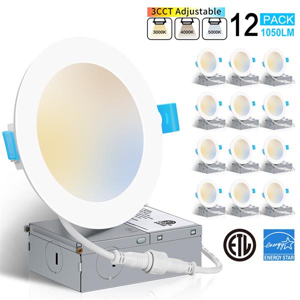 6 Inch 3000K/4000K/5000K Dimmable Ultra-Thin LED Recessed Ceiling Light with Junction Box 12 Pack