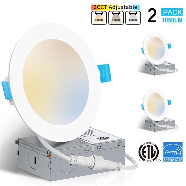 6 Inch 3000K/4000K/5000K Dimmable Ultra-Thin LED Recessed Ceiling Light with Junction Box 2 Pack